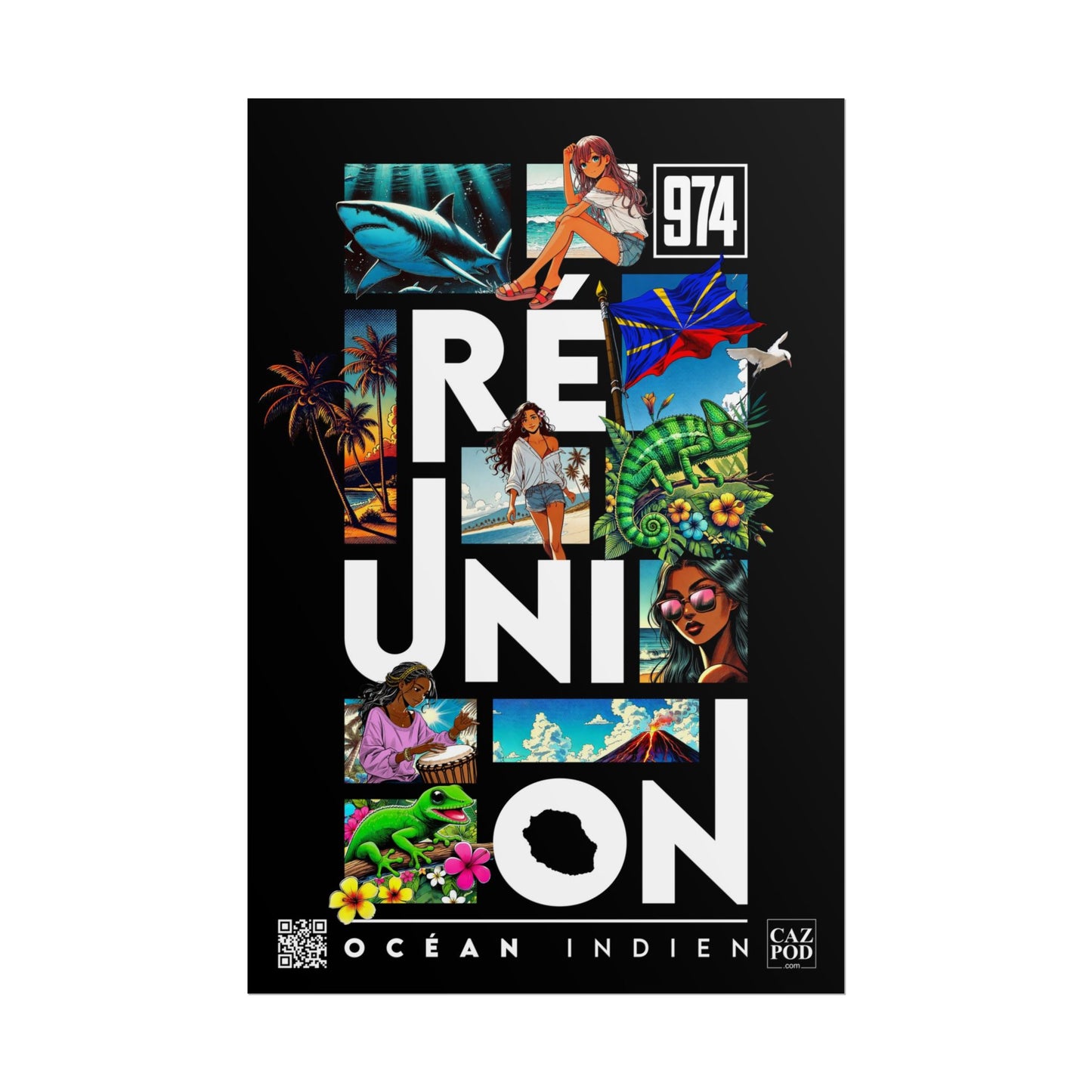 Poster Ile de la Réunion 974 - Manga C25 White