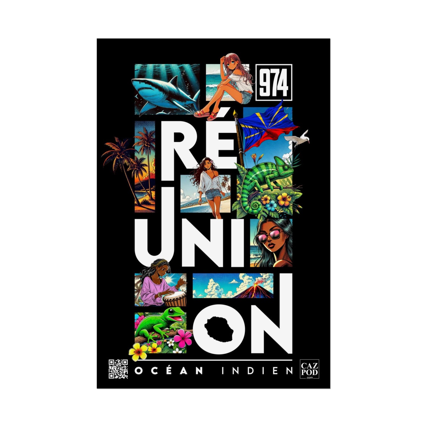 Poster Ile de la Réunion 974 - Manga C25 White