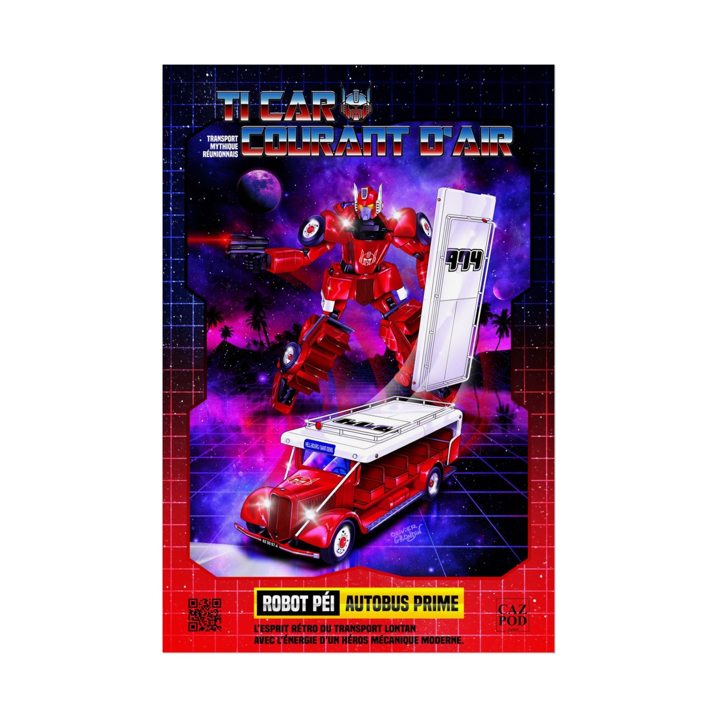 Poster 974 Ile de la Réunion - Autobus Prime – Le Car Courant d’Air Réunionnais | Parodie Rétro Futuriste Transformers