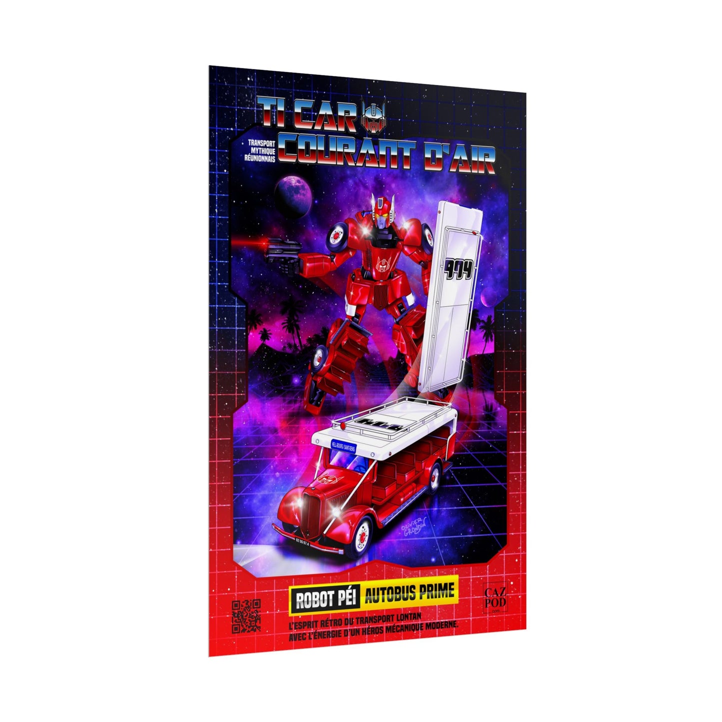 Poster 974 Ile de la Réunion - Autobus Prime – Le Car Courant d’Air Réunionnais | Parodie Rétro Futuriste Transformers