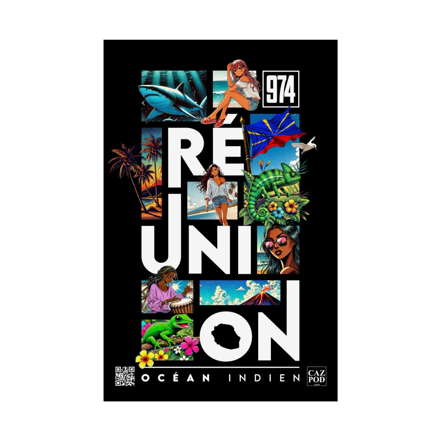 Poster Ile de la Réunion 974 - Manga C25 White