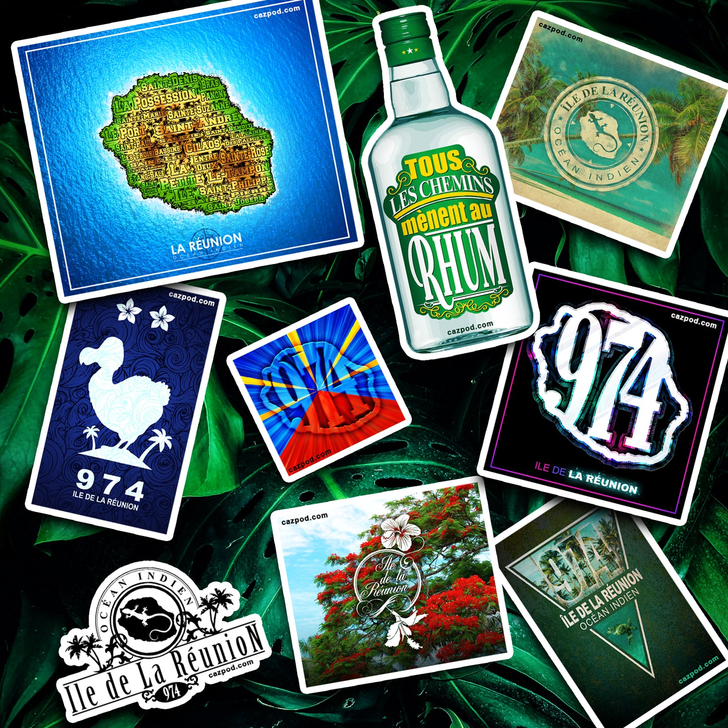 974 Ile de la Réunion - Série 1  -  45 stickers (5 Planches d'autocollants)