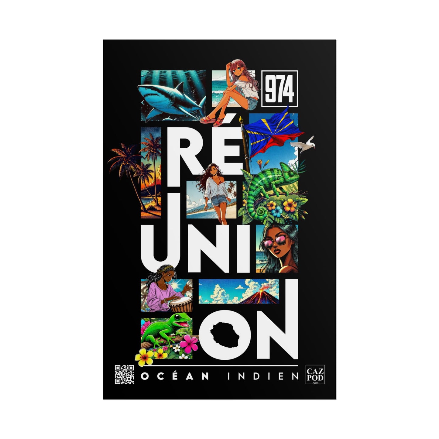 Poster Ile de la Réunion 974 - Manga C25 White