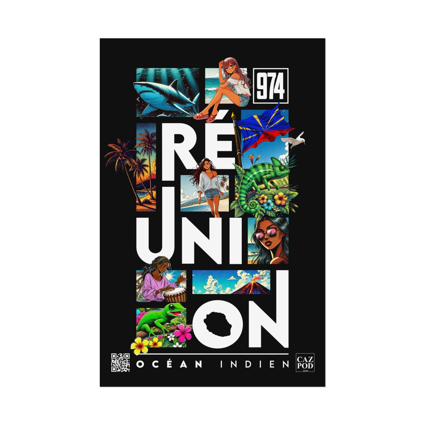 Poster Ile de la Réunion 974 - Manga C25 White