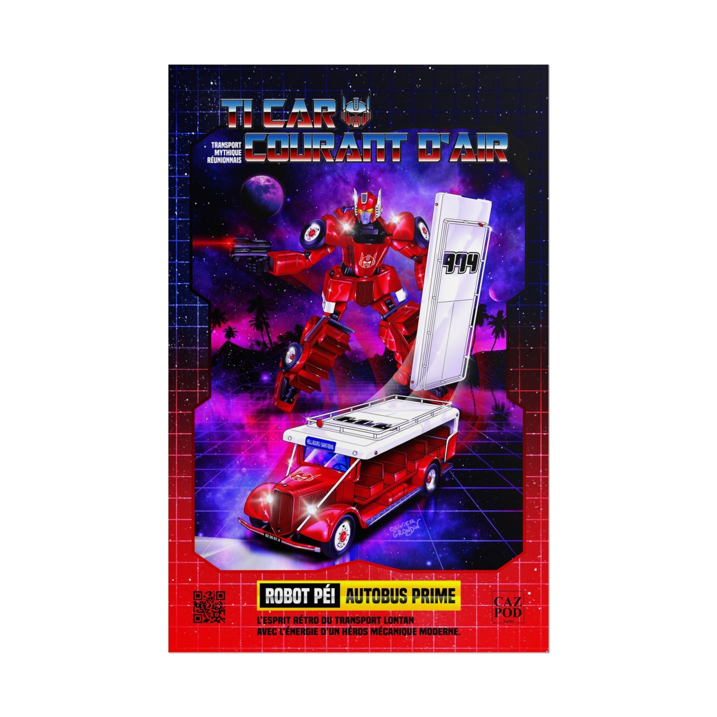Poster 974 Ile de la Réunion - Autobus Prime – Le Car Courant d’Air Réunionnais | Parodie Rétro Futuriste Transformers
