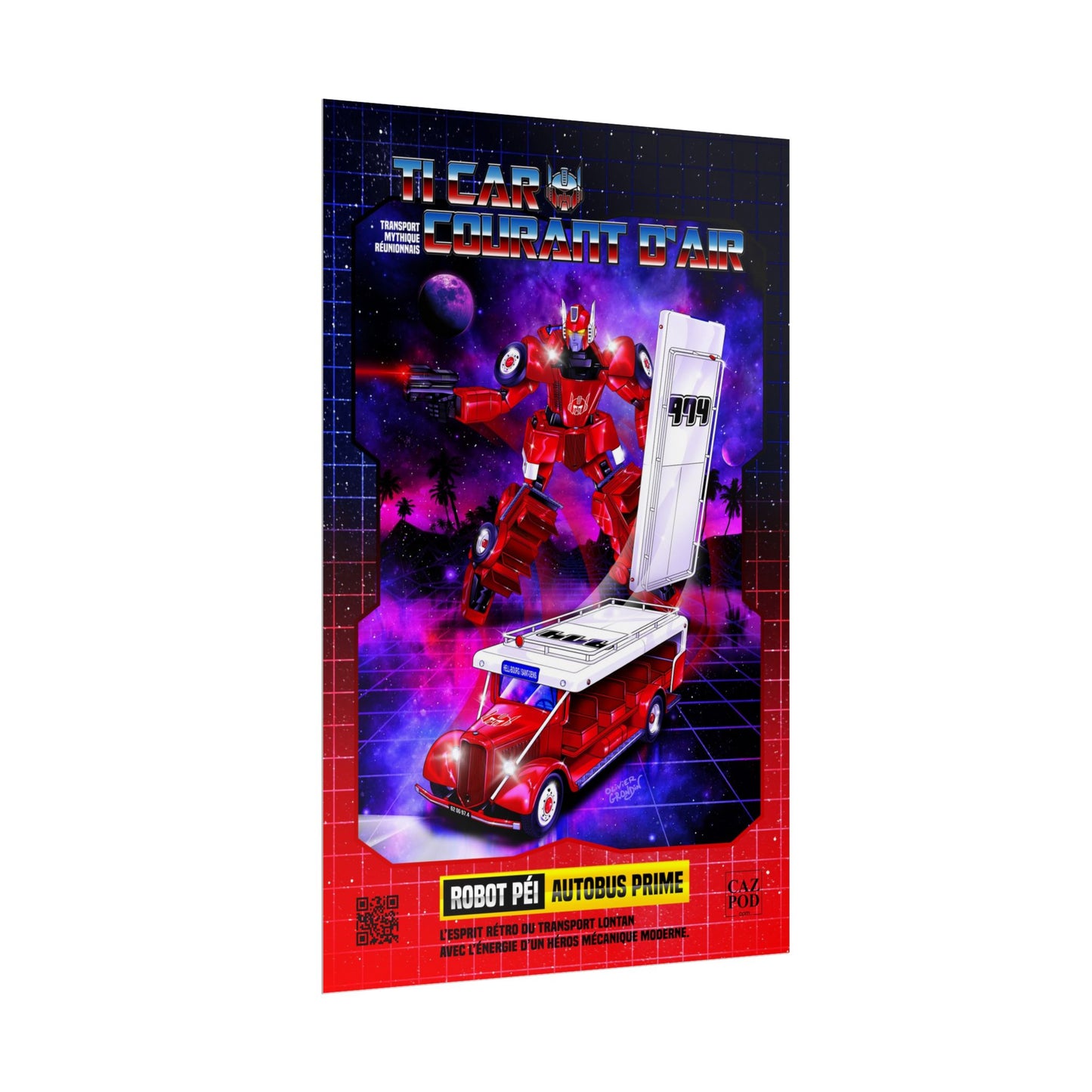 Poster 974 Ile de la Réunion - Autobus Prime – Le Car Courant d’Air Réunionnais | Parodie Rétro Futuriste Transformers