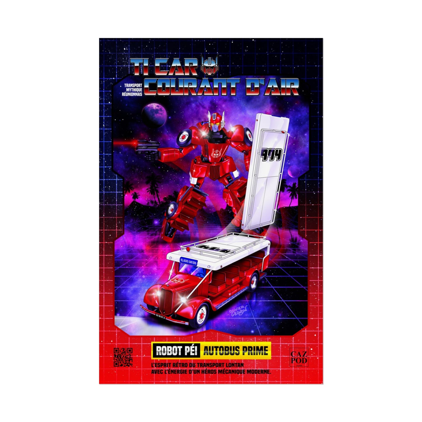 Poster 974 Ile de la Réunion - Autobus Prime – Le Car Courant d’Air Réunionnais | Parodie Rétro Futuriste Transformers